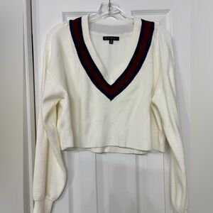 Lane 201 Cream crop V-Neck Sweater with Navy and Red Trim